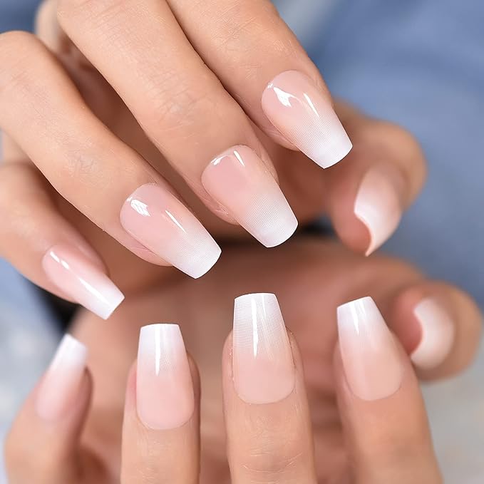 EchiQ Cherry Blossom Pink Gradient Press On Nail Wearable Artificial Acrylic Full Cover Coffin Glossy Nature Fake Nails Reusable Medium Short False Nail Art Tips for Women Girls Gift 24pcs/Set