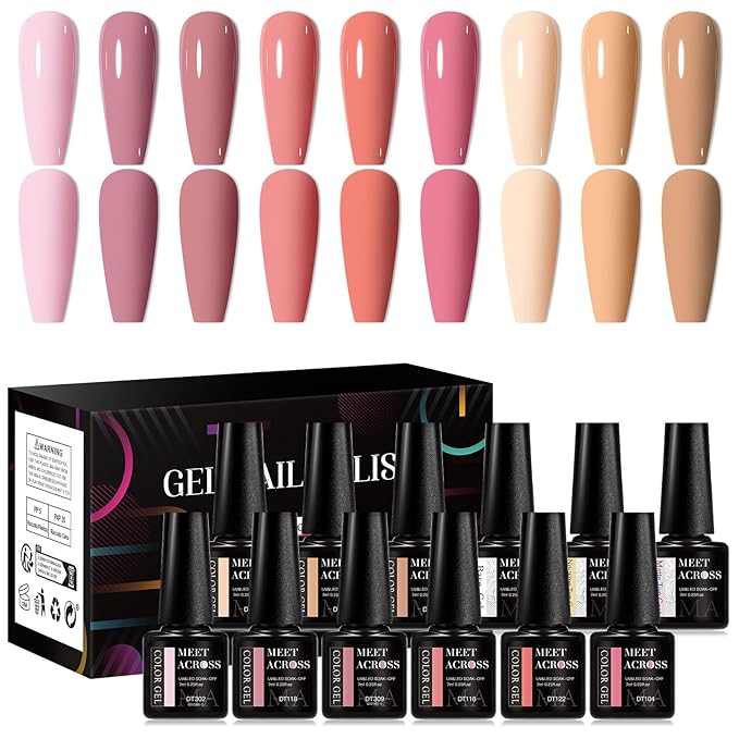 MEET ACROSS 12pcs Gel Nail Polish Set,Soak Off UV LED Lamp Gel Nail Polish Kit,Fashion Shimmer Nail Art Design Gifts for Women Manicure Salon (Milky tea)