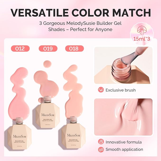 MelodySusie 3PCS 15ML Nude and Pink Base Colors Builder Gel Set for Nails Thickening, Soak Off UV Extension Gel Rhinestone Glue in a Bottle for Nail Art Design Gift for Women DIY Manicure at Home
