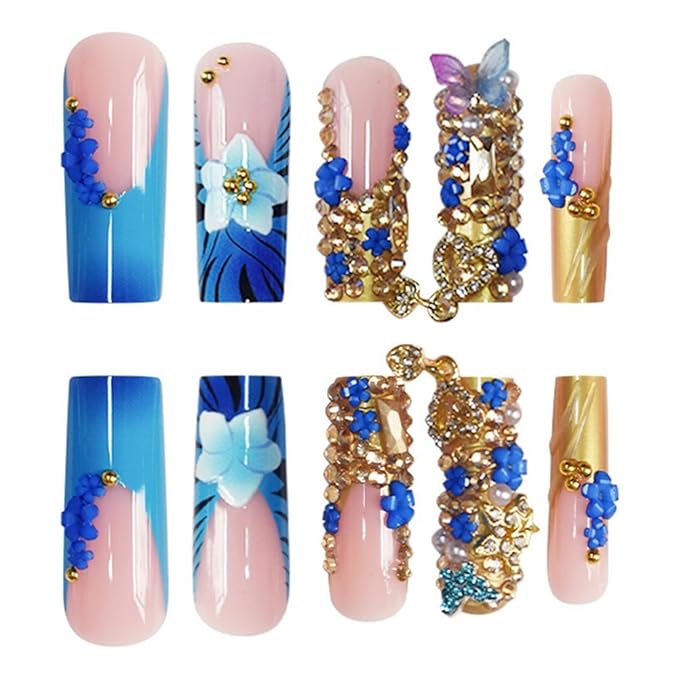 Long Square Press on Nails Fake Nails Artificial Nail Stick on Nail for Women Blue Flower and Butterfly Design with 3D Gold Diamonds and Pearl Accents on Light Pink Base