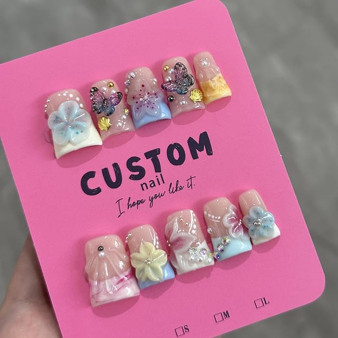 French Tip Press on Nails Handmade Short Duck 3D Flower Thick Acrylic Nails Cute False Nails with Stars Butterfly Polka Dots Designs Beachy Glossy Fake Nail Sturdy Art Press on Nail 10Pcs(M)