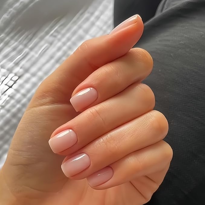KXAMELIE 48 PCS Acrylic Press on Nails Short Square, Sheer Nude Pink Fake Nails Press ons, Short Stick on Nails for Women Feature Gel Finish, Natural Petite Glue on Nails For Women Daily Decoration