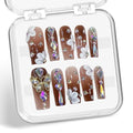 Brown Gradient Press on Nails Long Coffin Fake Nails Handmade Press on Nails 3D Luxury Colorful Rhinestone Designs Embossed Butterfly White Flower False Nail Bling Acrylic Nail for Women (Size M)