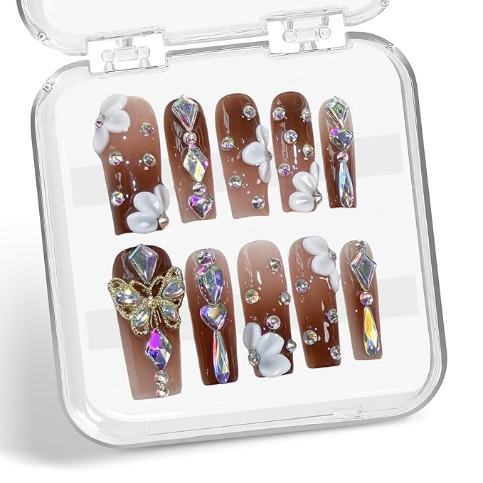 Brown Gradient Press on Nails Long Coffin Fake Nails Handmade Press on Nails 3D Luxury Colorful Rhinestone Designs Embossed Butterfly White Flower False Nail Bling Acrylic Nail for Women (Size S)