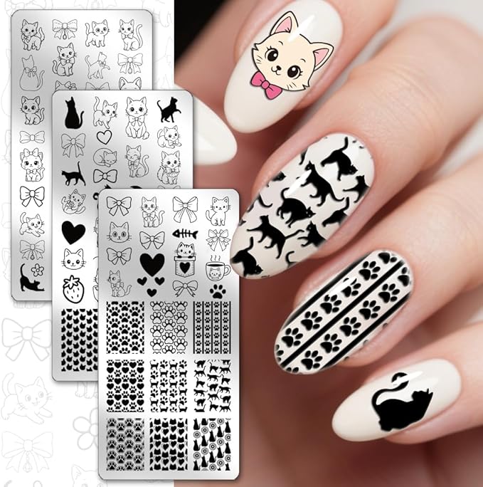 PH PandaHall 3pcs Cat Nail Stamping Templates Kitten Bow Nail Art Templates Cat Paw Stencils Pet Cats Stainless Steel Image Plates Tool for Women Print Manicures Salon Design Supplies