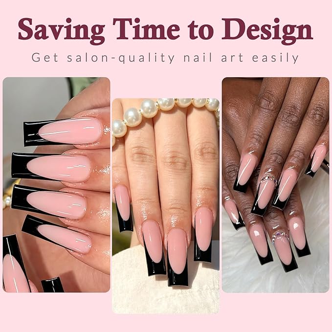 120PC Black French Tip Press on Nails Long Fake Nails Press ons with 5*Adhesive Tabs, Pink Square Acrylic Nail Press on Nail French Tip Nails False Artificial Fingernails Stick on Nails-C