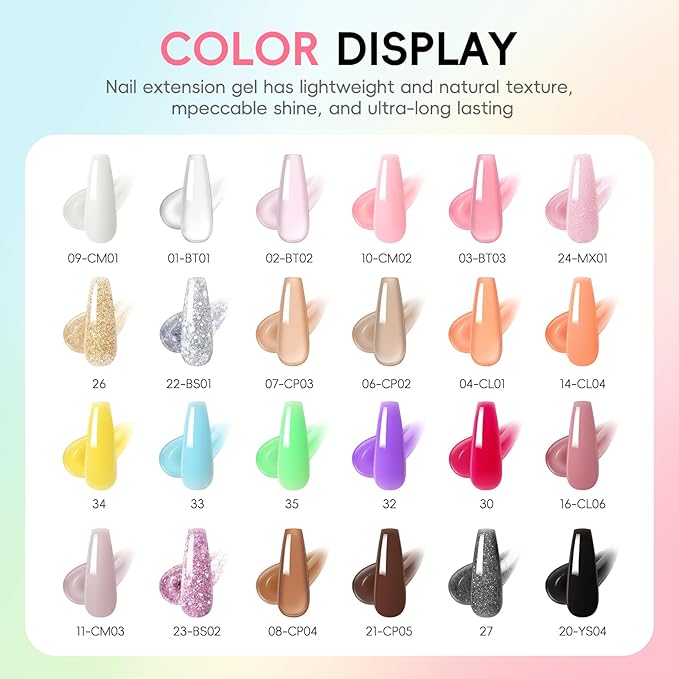 PEACECOLOR 50Pcs Poly Nail Gel Kit with U V Light 24 Colors 16ml Poly Extension Gel Pink Black Nude With Base Matte Top Coat Starter Kit with Slip Solution Nail Tools DIY For Beginners Home Salon
