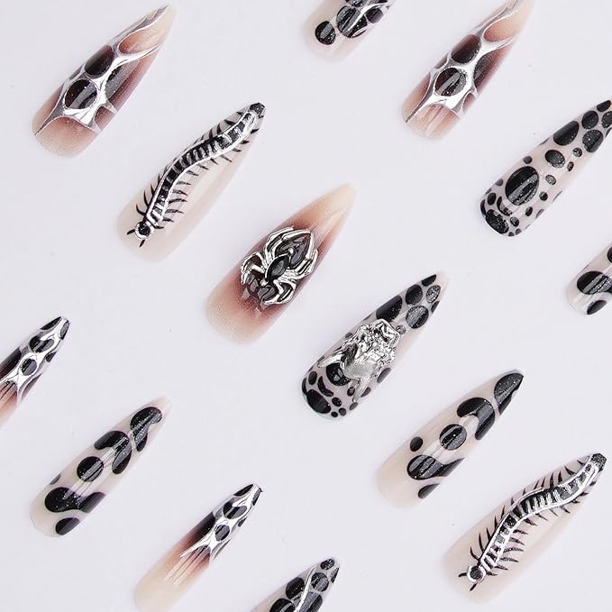 MISUD Press on Nails - Long Stiletto Fake Nails with Goth Black Silver, Acrylic Gothic Y2K Chain Design 24 pcs