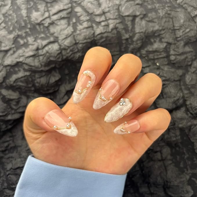 10Pcs Handmade Press On Nails Short Almond,Nude Pink Acrylic Nails,Luxury Nail Press On with Charm Pearl Design for Wedding&Party Wear-True Love Design Concept