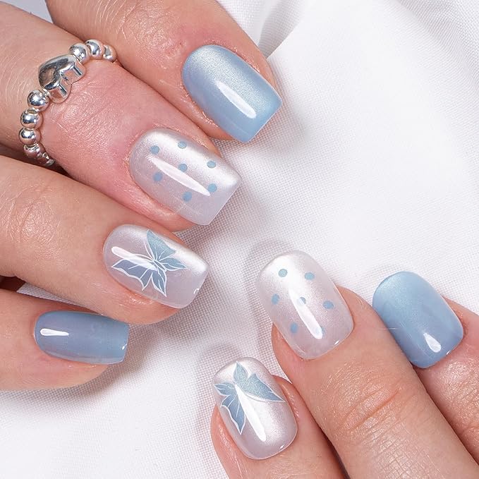 CurvLife Soft Gel Press On Nails Square, Long-Lasting 30Pcs Reusable Stick On Fake Nails Kit with Glue Tabs, Glossy Salon-Style Manicure for Women Teens Beginners, At-Home (Blue Flutter)