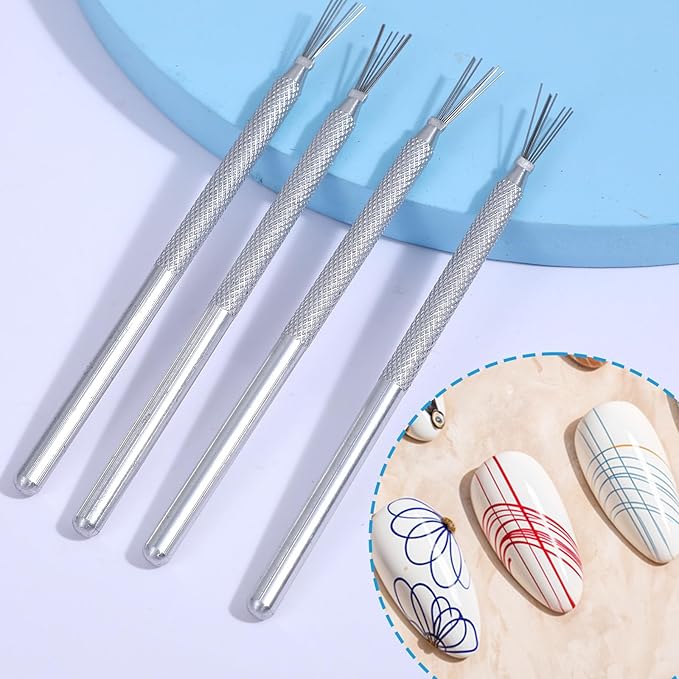 4 Pcs 7 Pin Nail Liner Art Brush, Stainless Steel Stripe Lines Nail Art Tool Pen Ultra-fine Bendable Pin Nail Manicure Tool Modeling Brush for Nail Gel Art Line Drawing Painting