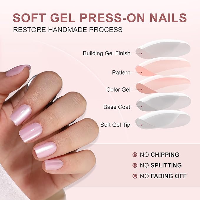 Pink Gel Press On Nails Square - Short Fake Nails With Glue, 16 Sizes, 32Pcs Reusable Soft Artificial Tips Kit