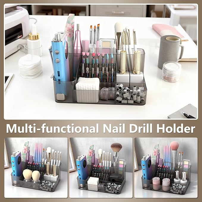 Nail Drill Holder & 28 Holes Nail Drill Bits Holder, Transparent Acrylic Nail Drill Machine Storage Box, Professional Nail Drill Organizer Case for Manicure tools (Gray)
