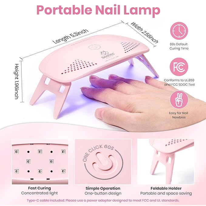 Beetles 22 Pcs HEMA-Free Gel Nail Polish Kit with U V Light - 6 Color Pink Nude Red Pearl White Gel Polish Set Ethereal Glow Gift-Ready Package DIY Salon Portable Manicure Kit Women Girls Teens Gifts