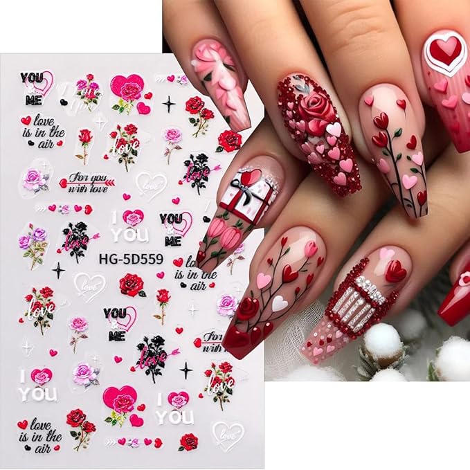 4 Sheets Valentines Day Nail Stickers 5D Embossed Heart Nail Art Stickers Self-Adhesive Rose Flower Cupid Angel Lips Love Letter Designs Holiday Nails Cute Nail Decals for Women Manicure Decor DIY
