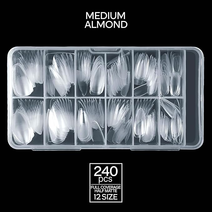 GELPARTY Soft Gel Nail Tips Medium Almond - 240Pcs Pre-Buffed Matte Full Cover Tips - No Filing Needed, Soak Off Gel Extension System - Clear False Nails (12 Sizes)