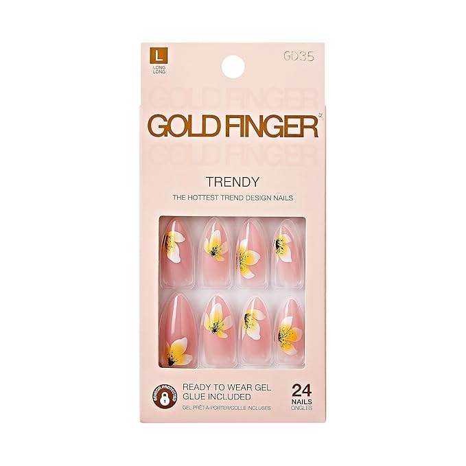 Goldfinger Trendy False Nails Kit, Long Almond Shape Design Nail, Pink & Flower Print, Ready to Wear Gel & Manicure Stick Included, Long-Lasting Convenient & Easy to Apply
