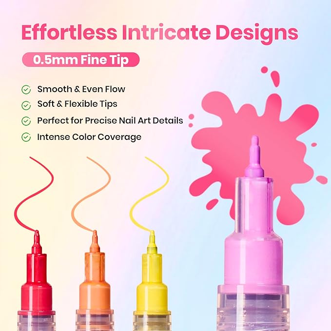 Beetles 12 Colors Nail Art Pens, 0.5mm Fine Line Nail Polish Pens Quick Air Drying Acrylic Paint Markers for Nails Art Design Painting Dotting Liner Brush, DIY Home & Salon Manicure Tools