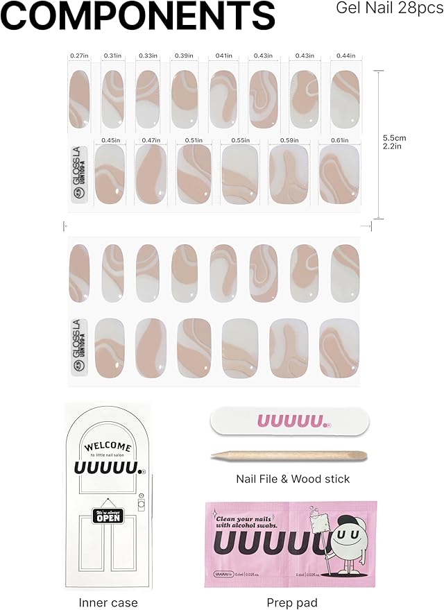 UUUUUU Semi Cured Gel Nail Strips | Salon-Quality | UV Free Gel Nail Wraps for Women | Easy Peel&Stick | Long-Lasting up to 14 Days | 28 Strips Set+File & Wipes | Gift-Ready(UGN109 Glossy & Nudy)
