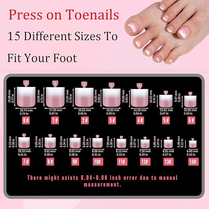 240Pcs Toe Press on nails, Short Pink Ombre Toe Nail Press Ons for Women in 15Sizes, French Tip False Toenails Extension, Soft Gel Toe Nail Tips, Acrylic Full Cover Fake Toenails for Girl