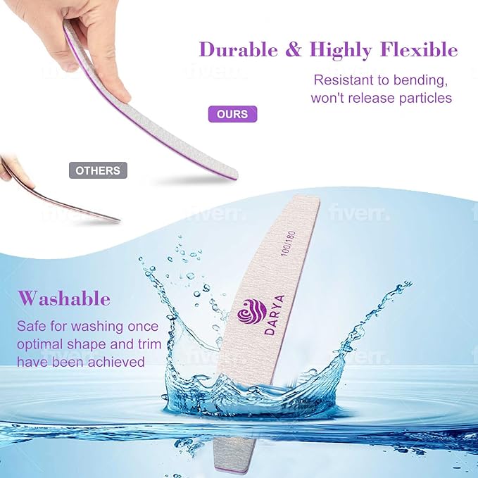 DARYA Nail Files (12 Pcs) Double Sided 100/180 Grit Emery Boards for Nails Acrylics Natural Nail File Durable Washable Professional Nail Files for Salon & Home Use (12, Count, 100/180 Grit)