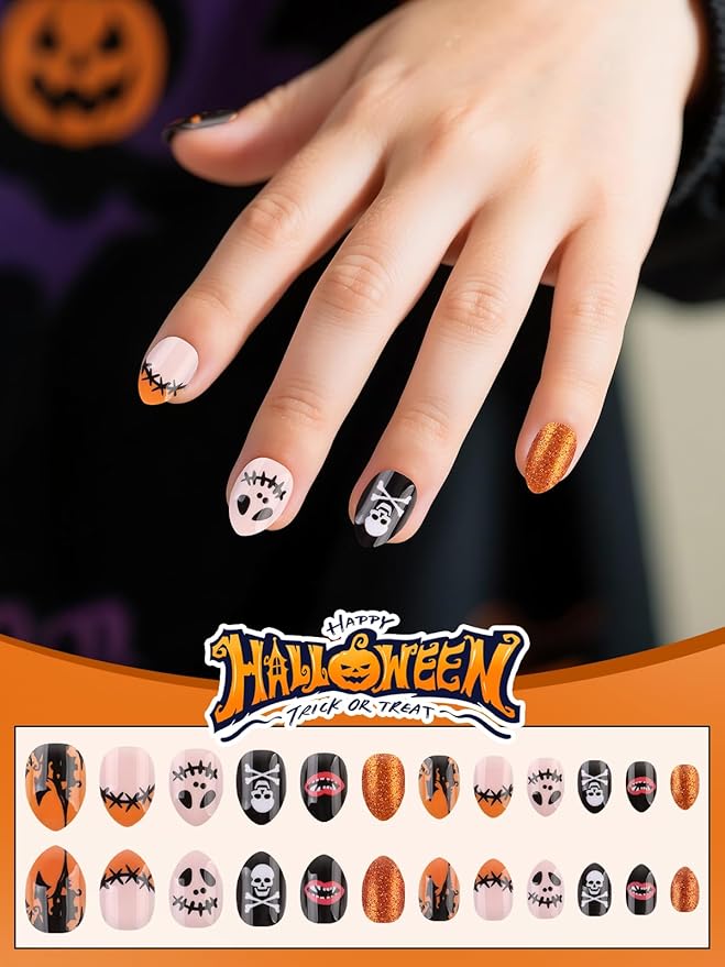 EBANKU Halloween Kid Press on Nails, 72Pcs Almond Fake Nails Kit Full Cover Bat Pumpkin Wed Design Stick on Nail with Nail Glue for Girl