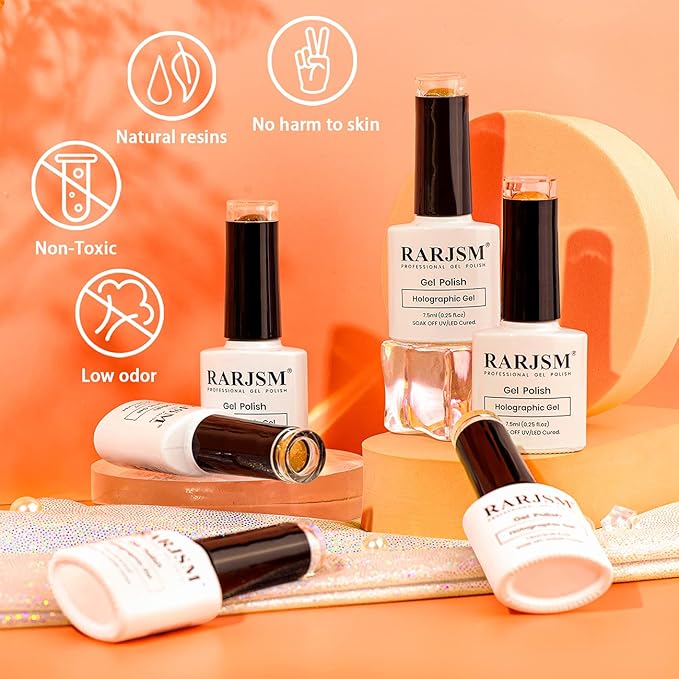 RARJSM Holographic Gel Nail Polish Set, Sunflower Collection Orange Yellow Gel Polish Summer Nail Colors 6PCS 7.5ML Soak Off UV LED Unicorn Mirror Laser Effect Nail GelPolish for Salon Home Manicure