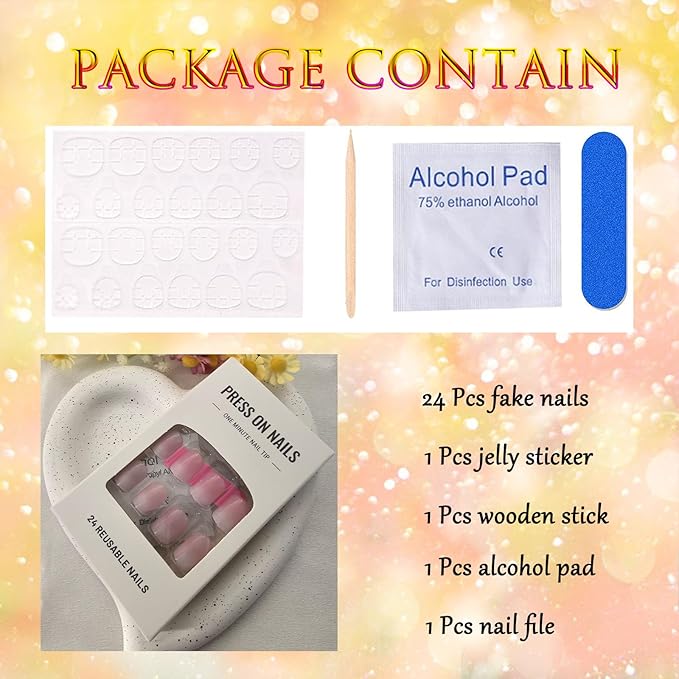 Short Press on Nails Square Ombre Fake Nails Pink Glue on Nails Press ons Cute False Nails with Design Solid Colour Acrylic Glossy Full Cover Artificial Stick on Nails for Women Manicure 24 Pcs
