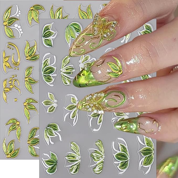 2Sheets Spring Nail Stickers 5D Embossed Green Camellia Flower Nail Decals Self-Adhesive Green Leaf Nail Art Stickers Spring Summer Bronzing Flower Cute Nail Design Supplies for Women DIY Manicure