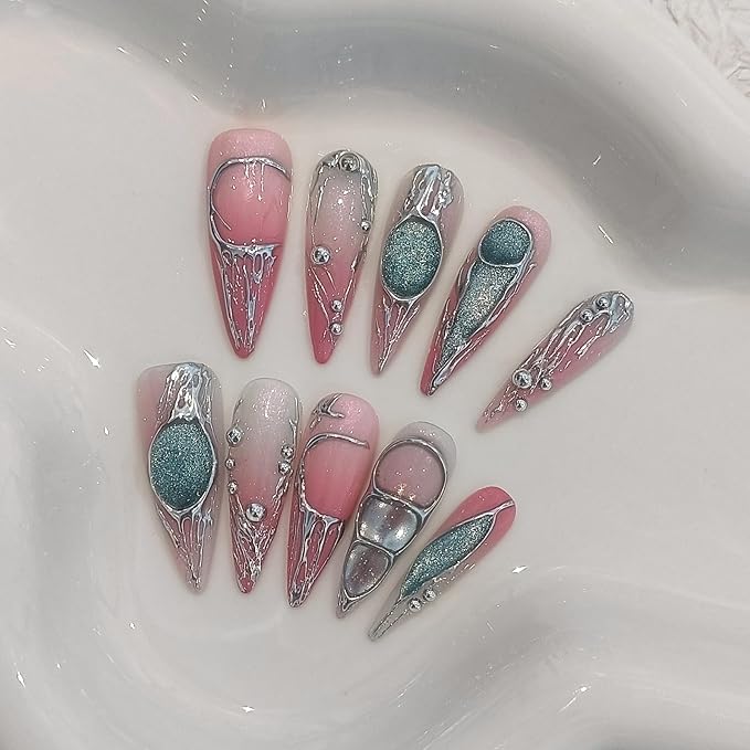 Long Stiletto Press on Nails,Pink-Silver Holographic Gradient Hand-Painted Moons Fake Nails with 10pcs Tools,3D Cat Eye Glitter False Nails,Edgy Meteors Design Sweet-Edge Metal Nails(L)