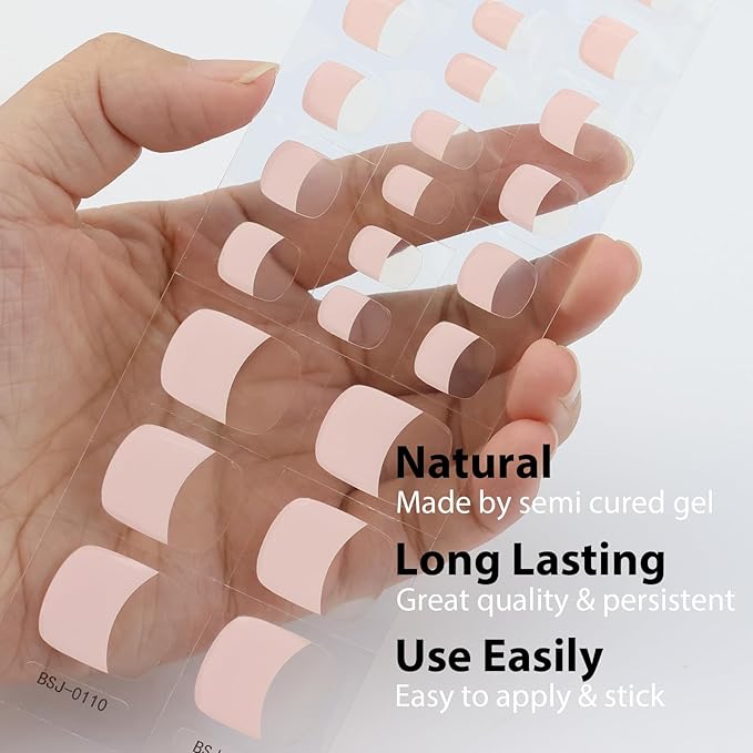 26 Pcs Semi Cured Gel Toe Nail Strips Nude French Tip Gel Nail Stickers Full Cover Nails Wraps Clear French Toe Nails Polish Strips Stickers for Women UV/LED Light Required