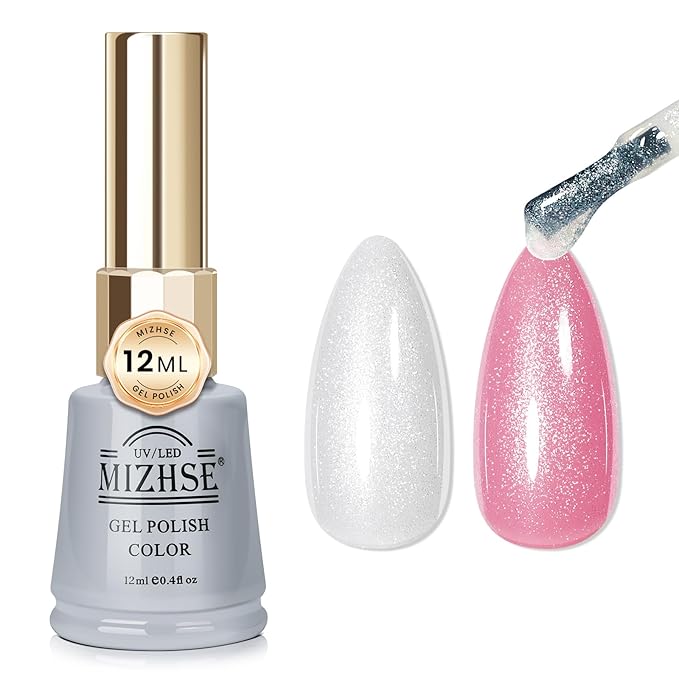 MIZHSE Silver Glitter Gel Polish, Silver Iridescent Gel Polish Glitter 2-in-1 Sparkly Long Lasting Soak Off, for Nail Art Home DIY 12mL
