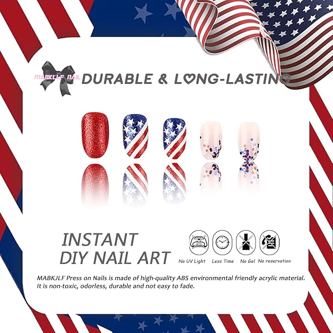 4th of July Press on Nails Short Almond Fake Nails America Flag Blue Red Glitter False Nails with Designs Full Cover Tricolor Flag Glossy Glue on Nails Acrylic Artificial Nails for Women Girls 24Pcs