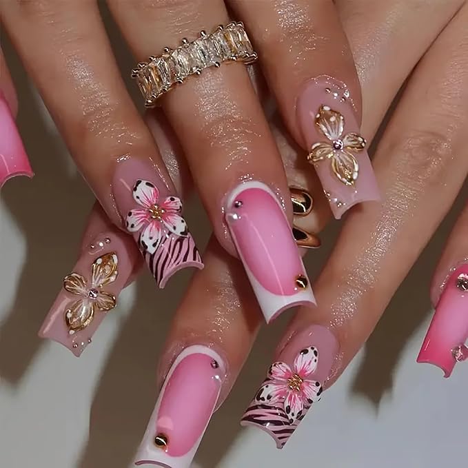 Press on Nails Coffin Long Length Acrylic Glossy Full Cover Square Shaped French False Nails with Designs Artificial Extra Long Fake Nails with Charms Glue ons Fingernails for Women(AS01)
