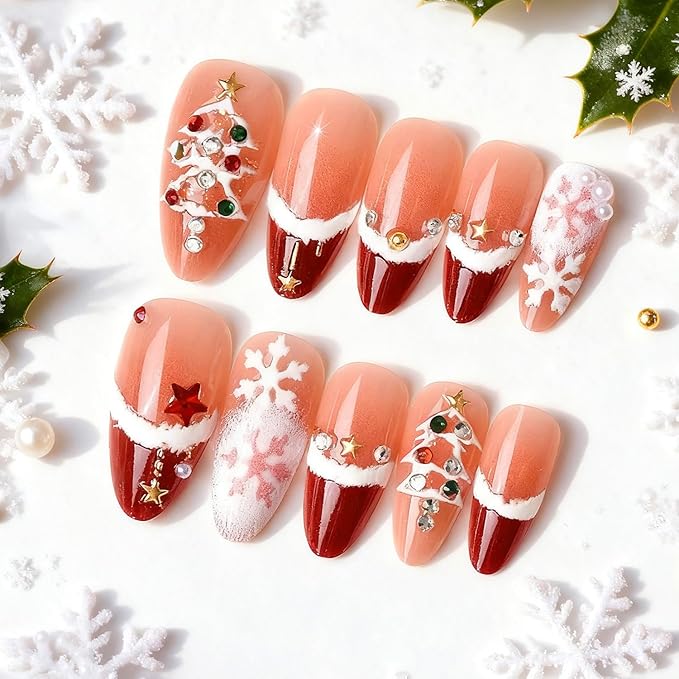 Christmas Press on Nails Medium Almond French Tip Fake Nails Xmas Tree Stick On Nails with 3d Star Pearl Rhinestones Designs Winter Snowflake Full Cover False Nails for Women Manicure Decoration 24pcs
