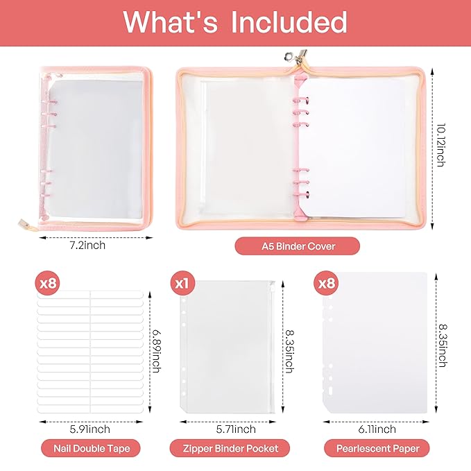 18PCS Press On Nail Organizer Clear Empty Press on Nail Packaging Set with 8 Insert Pages,8 nail double tape and 1 Zipper Pocket for Fake Nail Storage Nail Art Salon (pink)