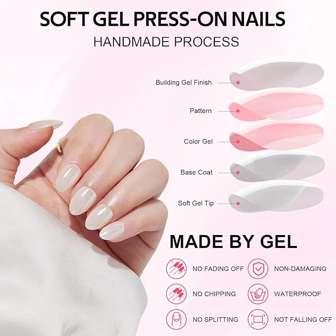 Press On Nails Short - Findigit Press On Nail, Short Almond Fake Nail White with Nail Glue, Fit Perfectly Natural Reusable Stick On Nails in 16 Sizes - 32 Glue On Nail Kit, Almond Glossy