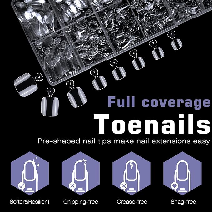 600pc Soft Gel Toe Nail Tips Short Fake Toenail Tips Square Fake Toe Nail Tips for Toes Press on Toeails, Full Cover Clear False Toe Nail Press ons, 12 Size Acrylic Nails Toe Tips