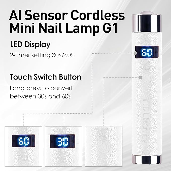 YTD Likomey Intelligent Sensor Handheld UV Light for Nail Gel with Magnetic Stand,Mini Portable Cordless Rechargeable Leather Nail Lamp with LCD Display,Fast Curing for UV Glue Builder Gel-G1 White