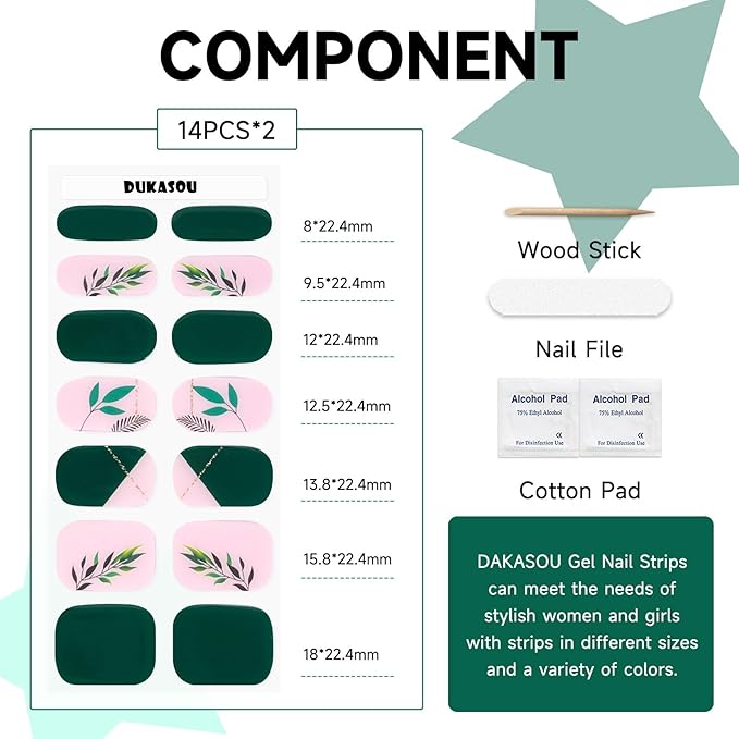 Semi Cured Gel Nail Strips (Green), 28 pcs Gel Nail Stickers, Work with Any UV Lights, Long-Lasting NailWraps for Women Art DIY Gift, Salon-Quality, Easy to Apply & Remove