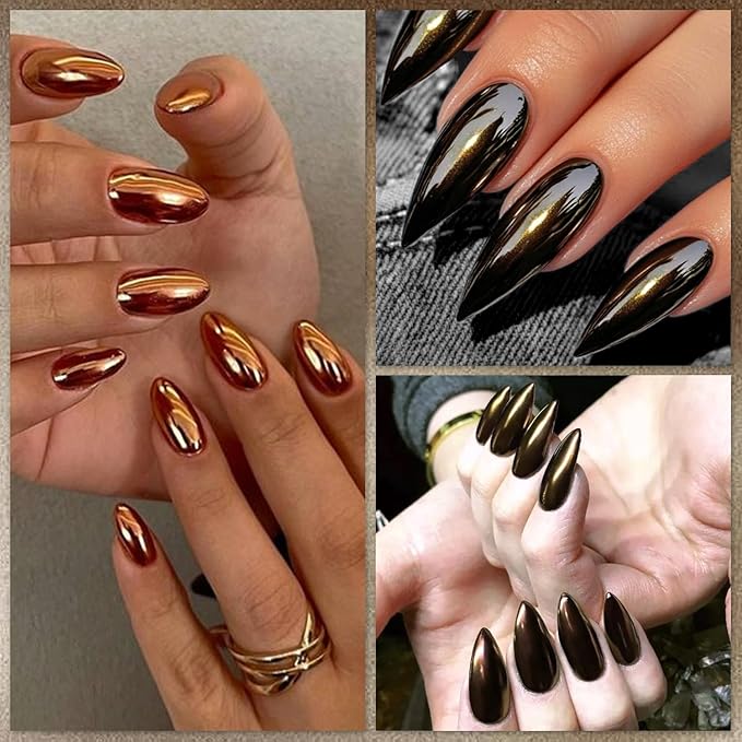 2Pcs Brown Copper Chrome Nail Powder Kit for Nails Shimmer Metallic Mirror Effect Orange Gold Glitter Pigment Dust Fall Dark Brown Copper Chrome Powder for Gel Nails Polish Design with Tools
