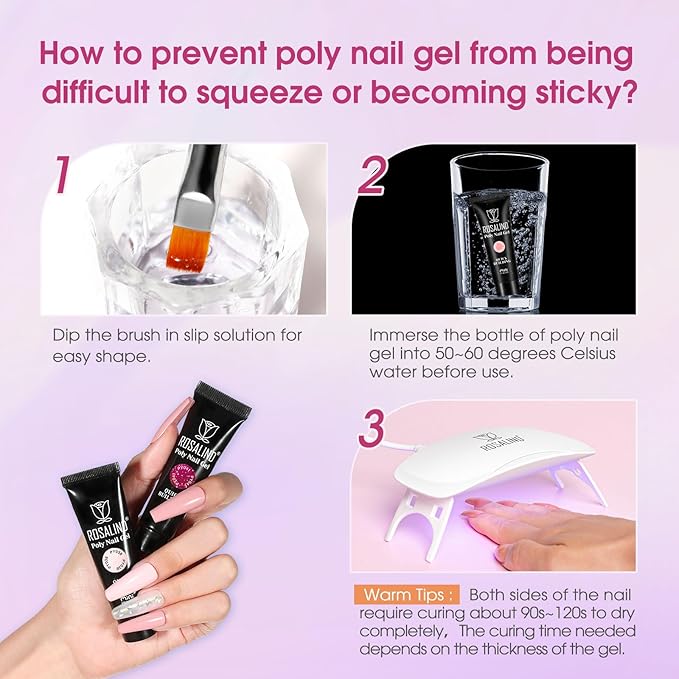 ROSALIND Poly Nail Gel Colors Kit -14 Colors +72 Nail Art Accessories Glitter Poly Nails Gel Kit Starter Kit with Mini UV Lamp Slip Solution Nude Pink Poly Art for Beginners with Everything