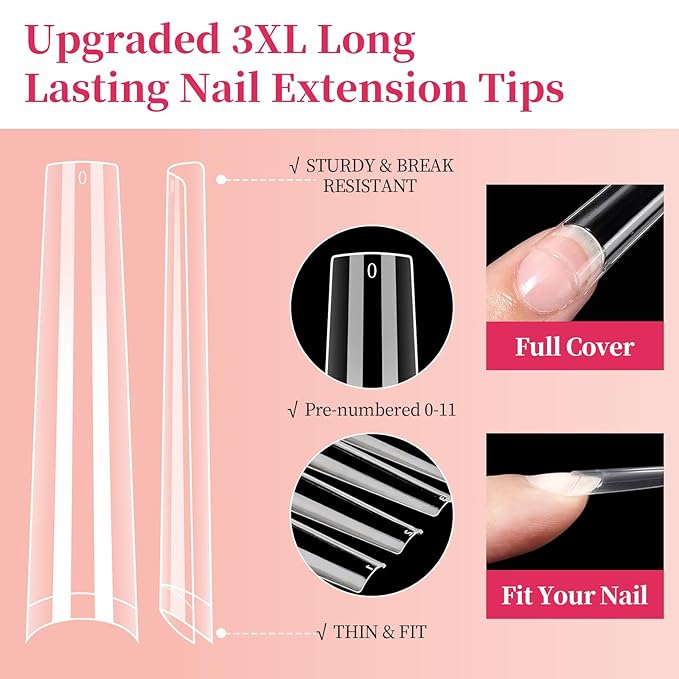 3XL NO C Curve Coffin Nail Tips for Acrylic Nails Professional, 504PCS Clear Extra Long Tapered Square Nail Tip, 12 Sizes Straight Press On Gel Nail Tips for Nail Salons Home DIY