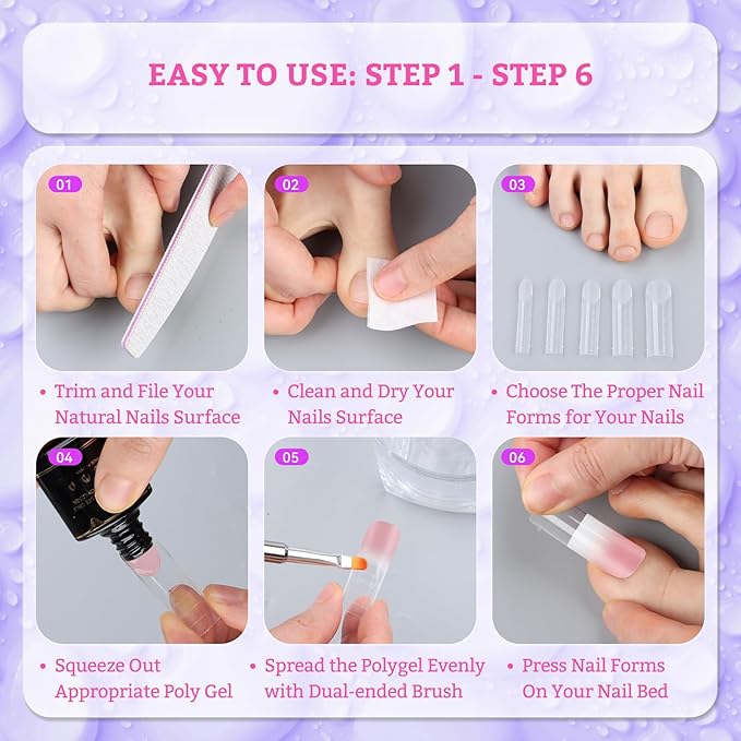 120pcs Long Square Dual Toe Nail Forms Clear Matte Full Cover Toenail Art Mold with Scale for Polygel Extension Beginners DIY Manicure with Dual-ended Brush Nail File Coffin Nails 12 Sizes