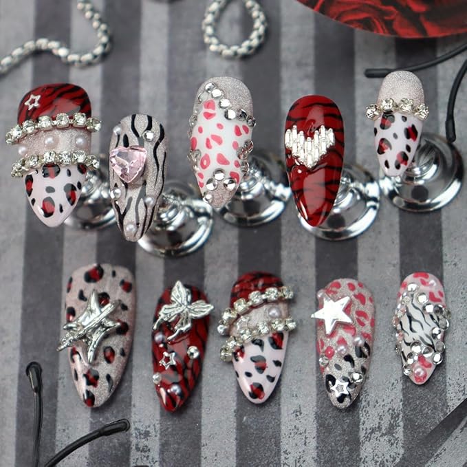 Leopard Print Press on Nails Heart Fake Nails with Rhinestone Design Medium Almond False Nail Butterfly Glue on Nails Pure Handcrafted Nail Art Glitter Stick on Nail for Women Premium Manicure (S)