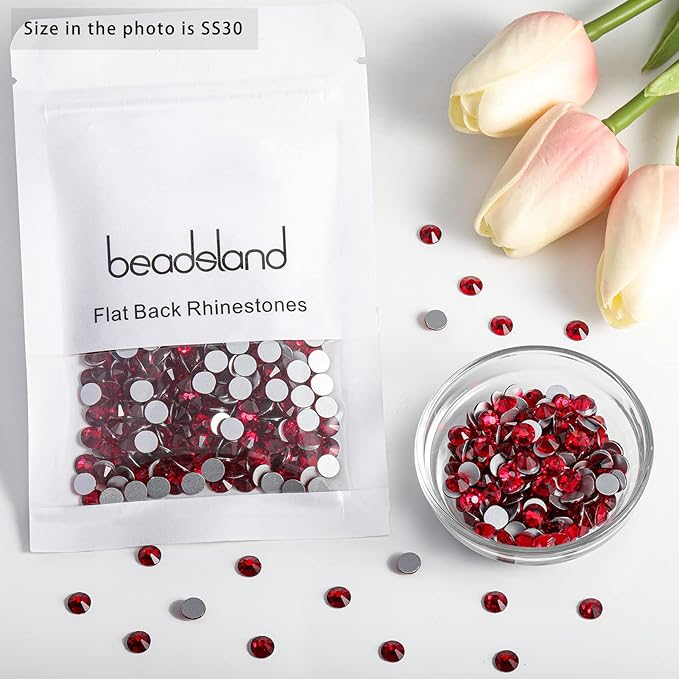 Beadsland 576pcs Flat Back Crystal Rhinestones Round Gems for Nail Art and Craft Glue Fix, Siam, SS30,6.3-6.5mm
