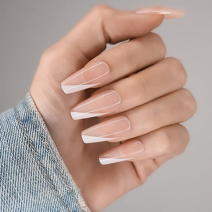 Hypnaughty 24 Pcs Paris Classy French Coffin Press On Nails with Design and Glue Medium Long Fake Nails Nude Pink and White Asymmetrical French Tip Glue On Nails Full Cover (Paris)