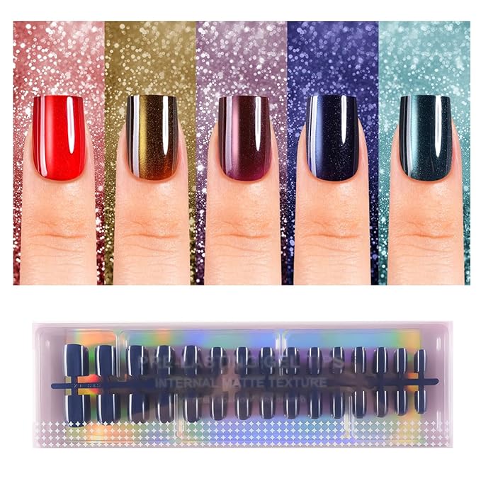 150Pcs Cat Eye Press on Nails, Plauva XS Short Aquare Fake Nails, Glossy Glitter Cat Eye Nail Tips, Soft Gel Stick On Nails for Women and Girls 15 Sizes