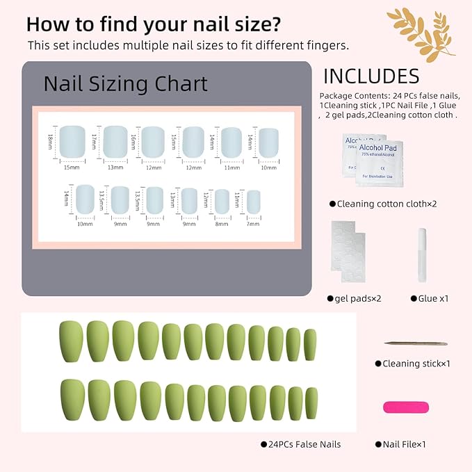 Press on Nails Matte Lime Green - Long Almond Fake Nails Full Cover (24pcs),Easy Application Manicure Set for Work, Party & Daily Use, Perfect for Women and Students