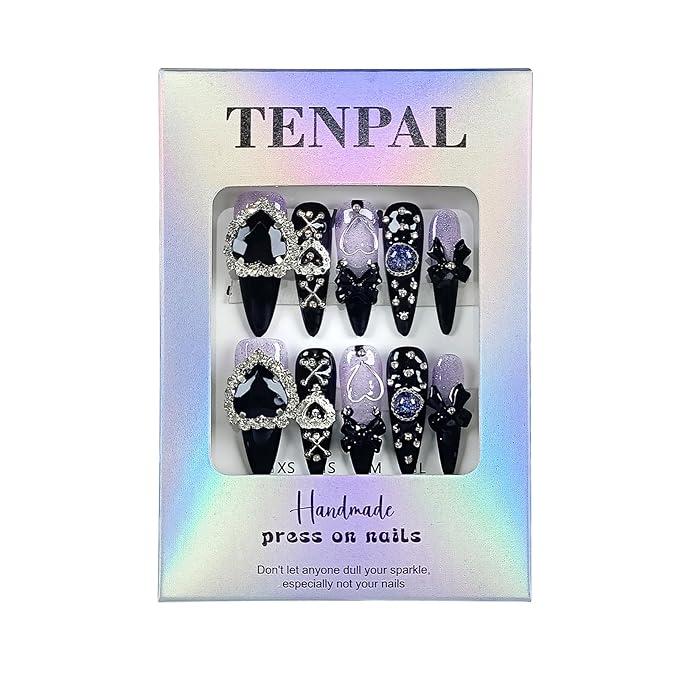 Glam Punk Press on Nails Stiletto Almond Long,3D Heart Rhinestones&Metal Chains Designs,Black Glitter Purple Chrome Nails with Full Cover Micro Gems,Y2K Edgy Girly Streetwear Nails,10pcs S